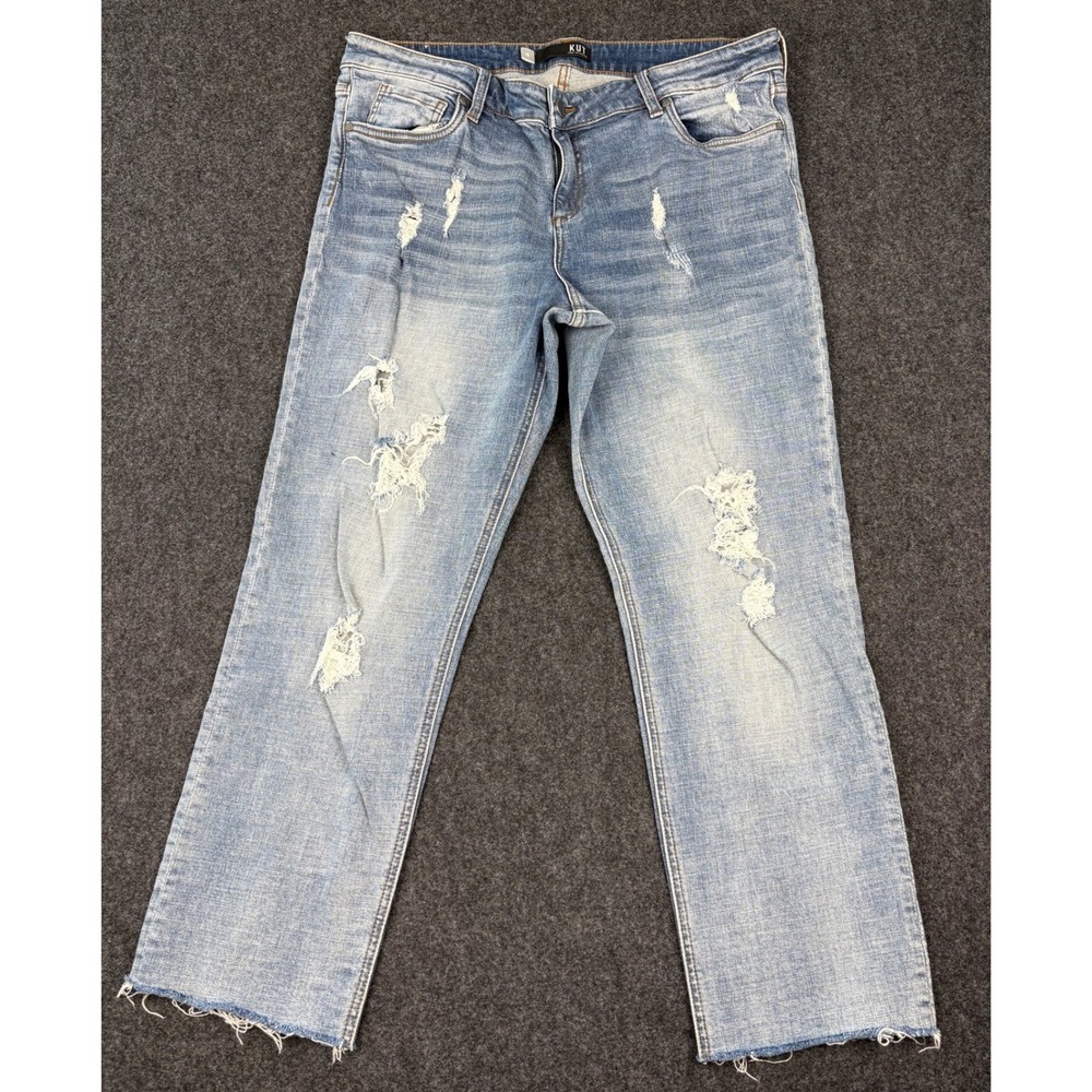 KUT from the Kloth Catherine Boyfriend Distressed Jeans Light Wash Sz 16 Raw Hem